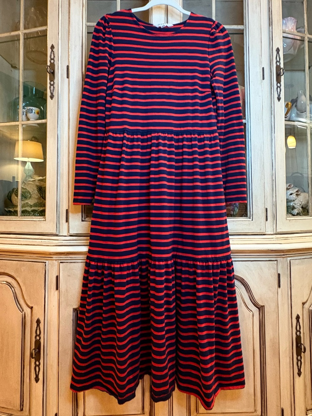 Boden Navy and Red Striped Long-Sleeve Cotton Blend Midi Dress